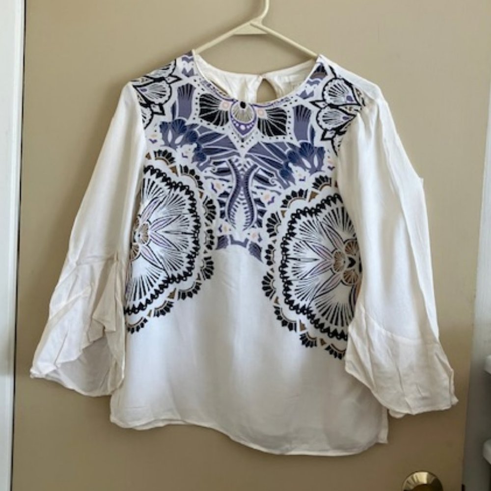 H&M Flowy Cream Top with Cool Purple Designs
